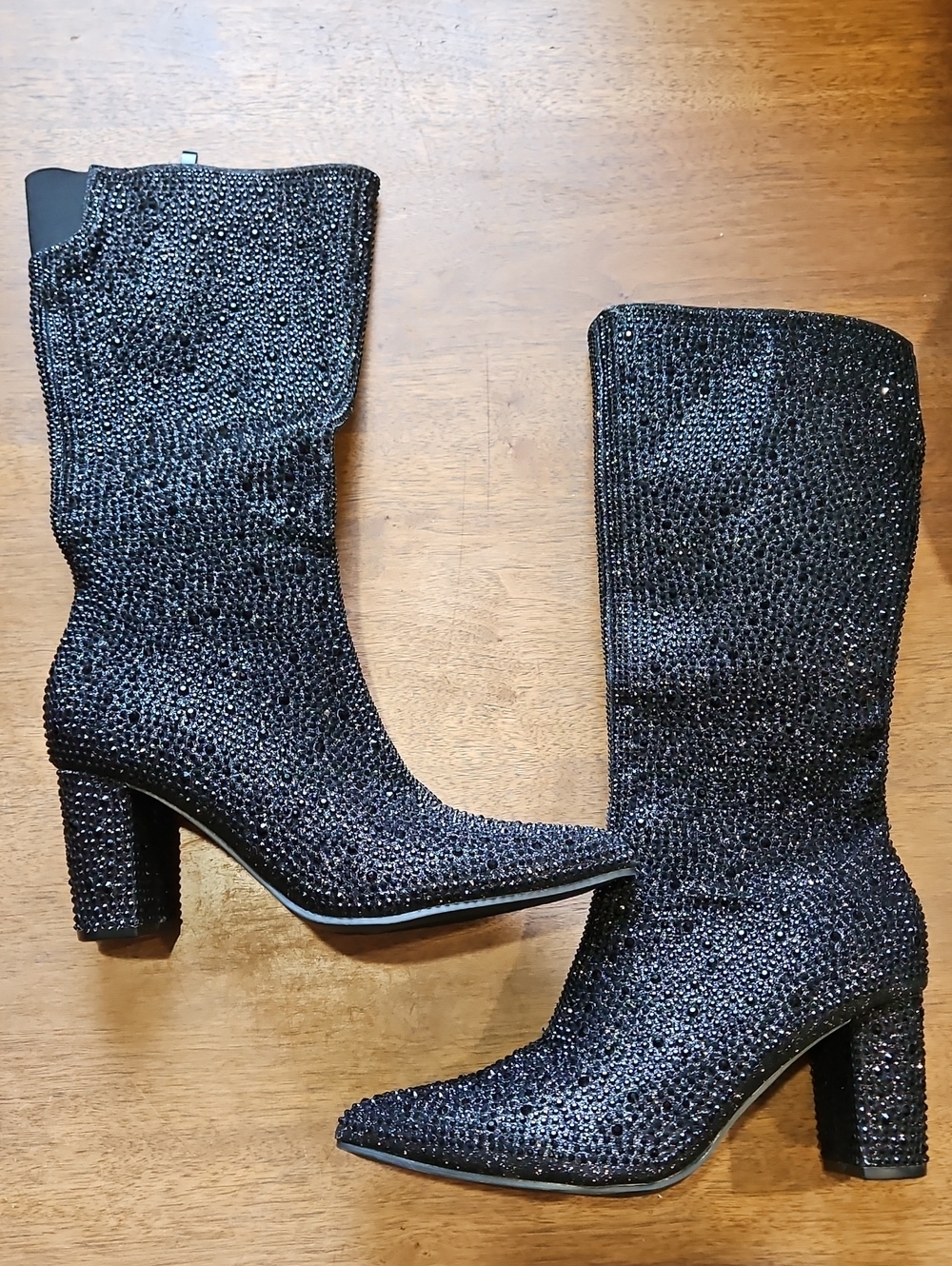 GEM Embellished Black Mid-Calf Block Heel Boots